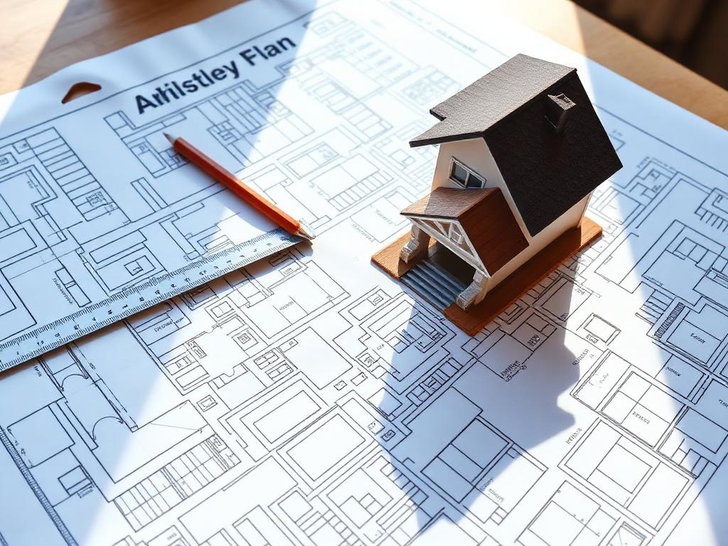 House plan drawings with scale ruler and a small building model