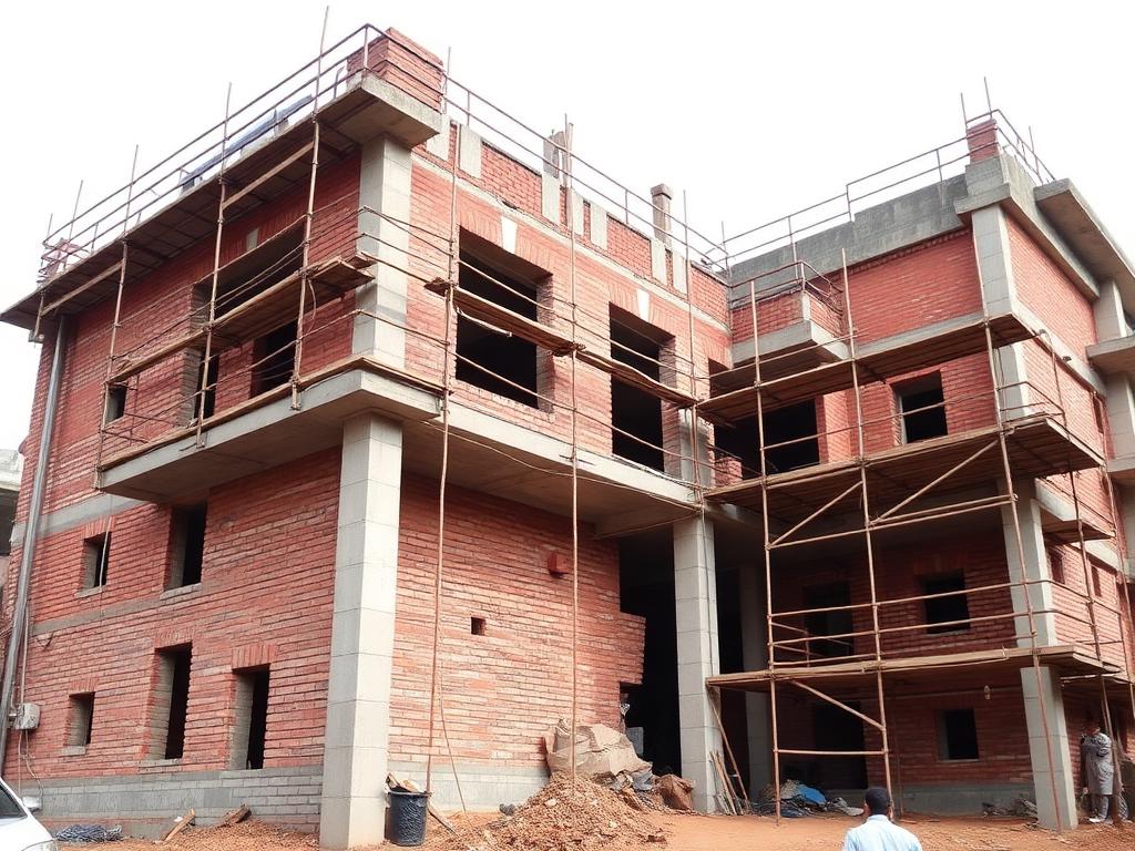 Residential building under construction with brick walls and scaffolding
