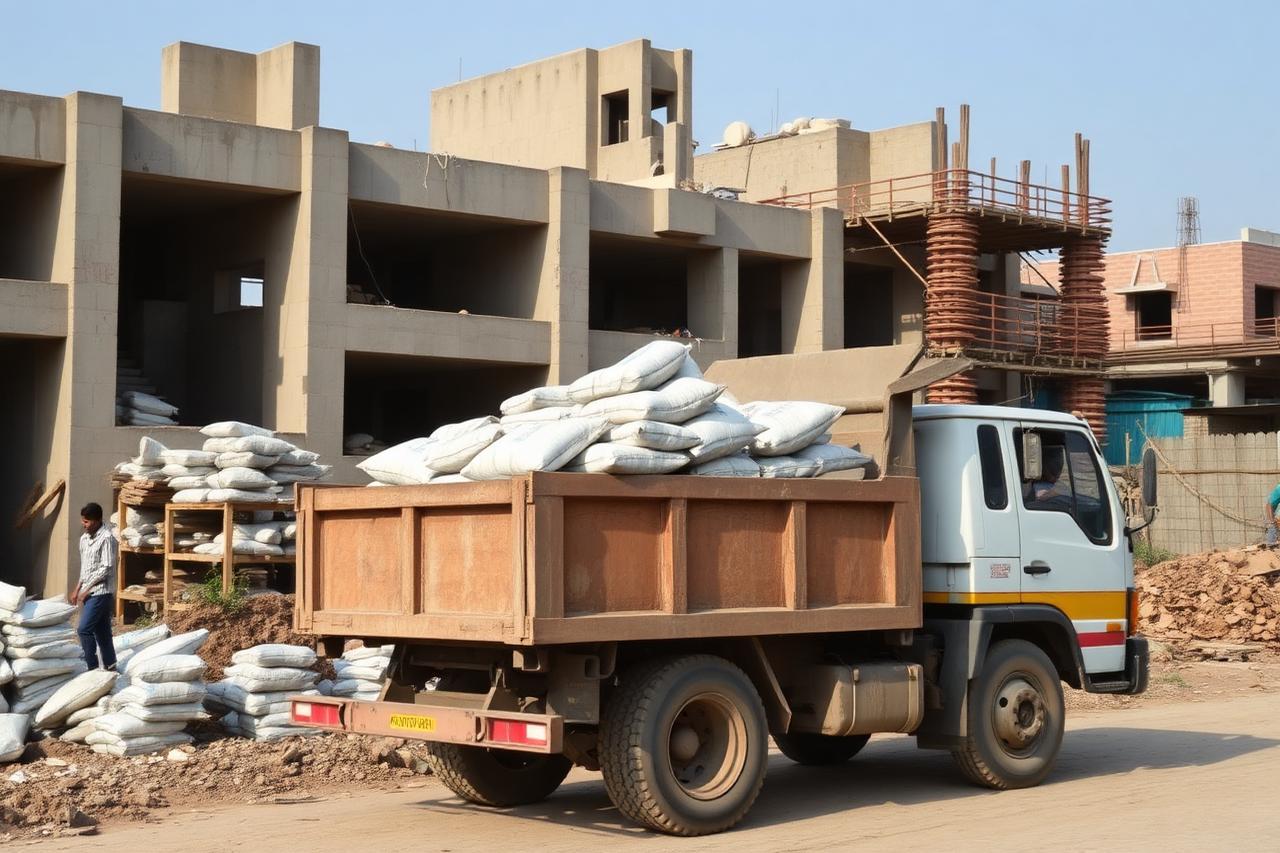 Truck unloading cement bags at a construction site