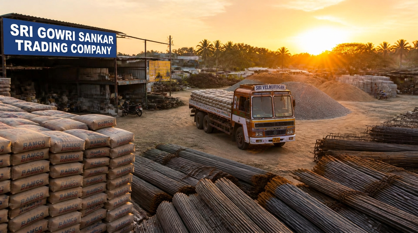 Construction material yard with cement bags, steel rods and a delivery truck