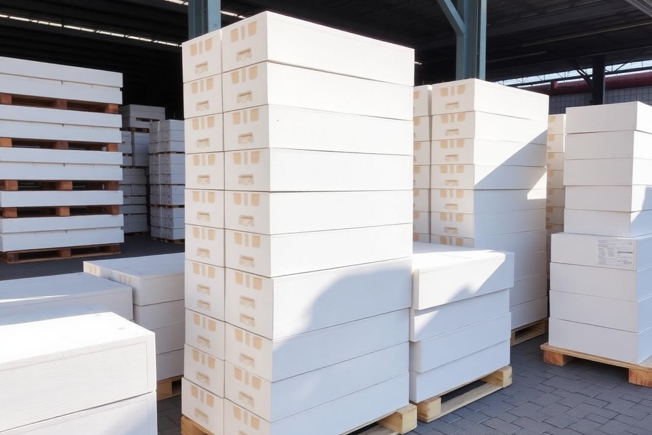 White AAC lightweight blocks stacked on pallets in a material yard