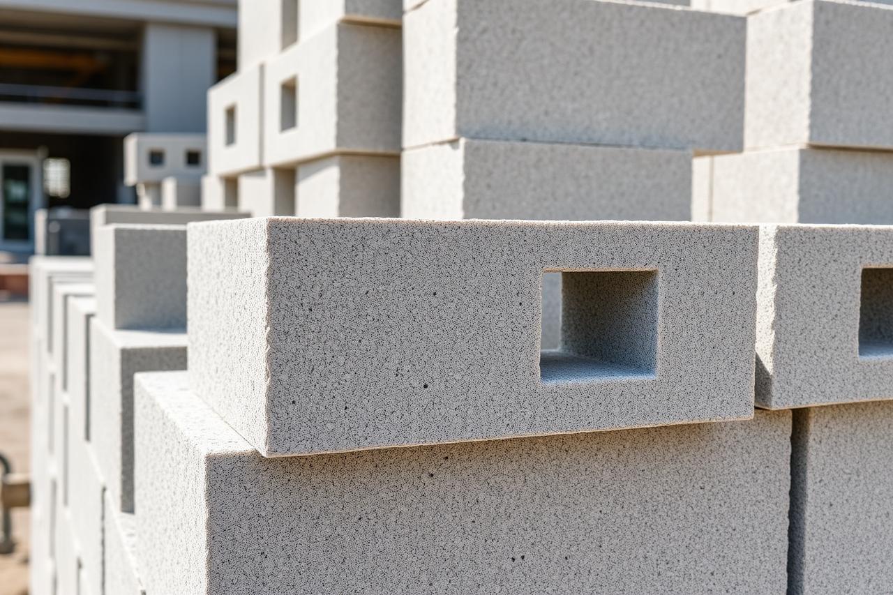 Grey CLC foam concrete lightweight blocks stacked at a construction site